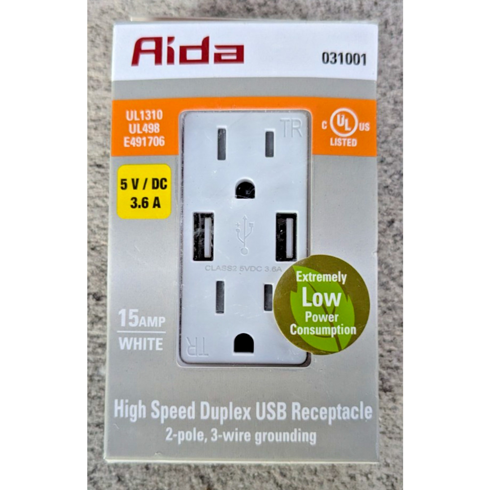 AIDA High Speed Duplex USB Receptacle Outlet 15 Amp White 031001